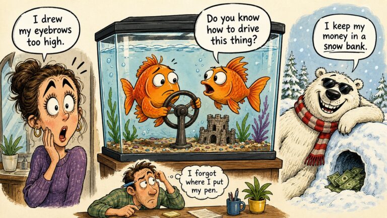 Illustrated jokes featuring driving goldfish, raised eyebrows, a polar bear with a snow bank and a man searching for his pen