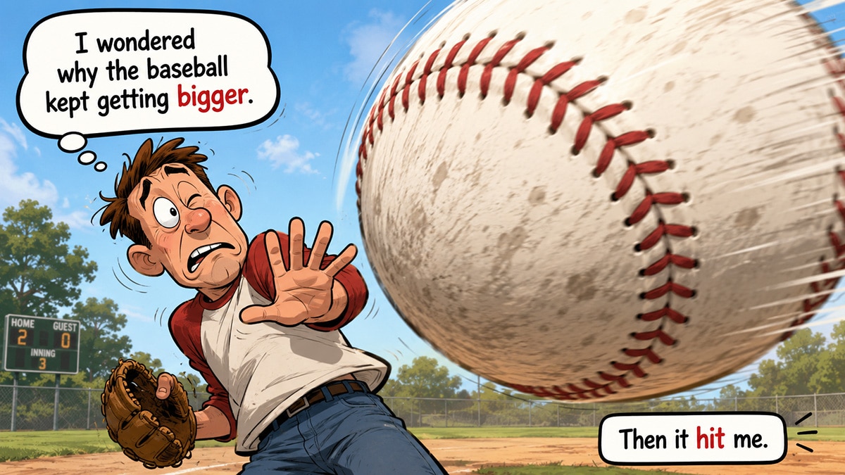 Cartoon man recoils as an oversized baseball flies towards him, illustrating the joke “Then it hit me”