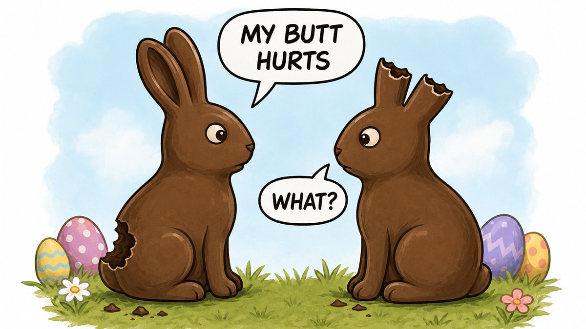 Comic illustration of two chocolate Easter bunnies, one with a bitten tail and the other with bitten-off ears, joking about whose missing chocolate hurts more.