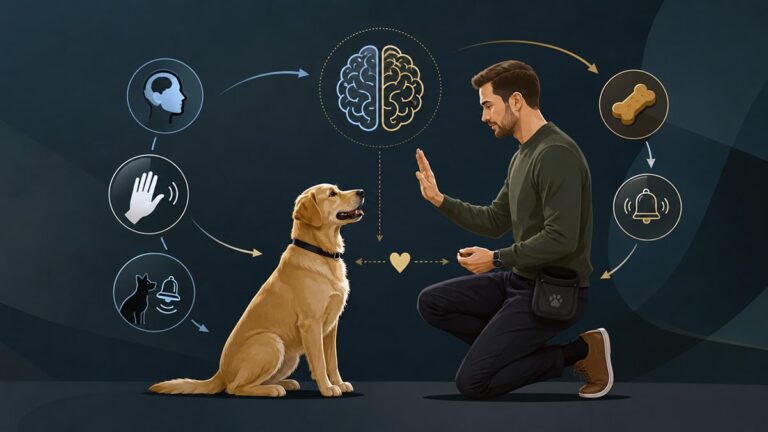Man using a hand signal and treat to train a dog, surrounded by symbols for psychology, conditioning and rewards.