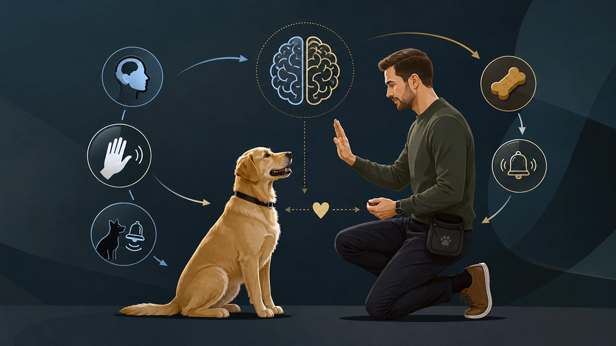 Man using a hand signal and treat to train a dog, surrounded by symbols for psychology, conditioning and rewards.
