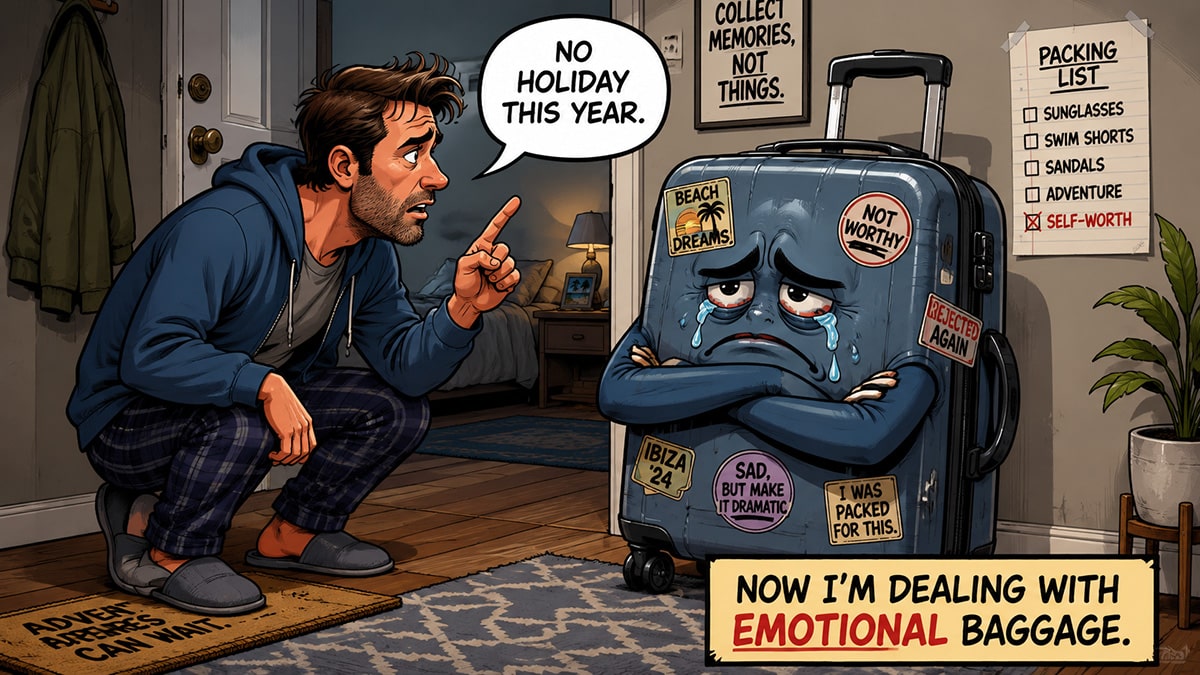 Man tells a sad suitcase there will be no holiday this year, illustrating the joke about emotional baggage