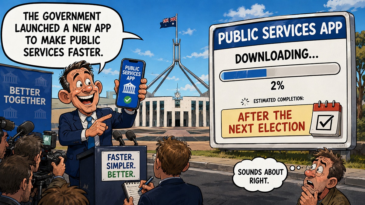 Politician launching a public services app while its download is estimated to finish after the next election