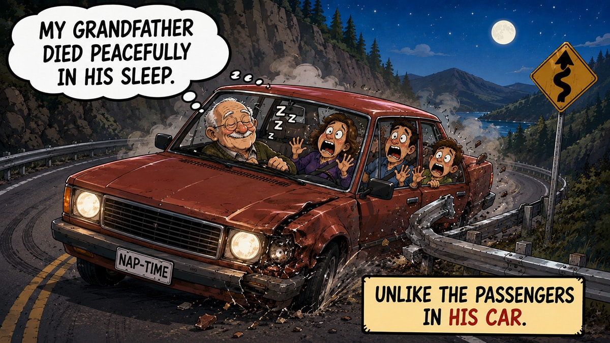 Sleeping grandfather driving a damaged car while terrified passengers react on a winding mountain road