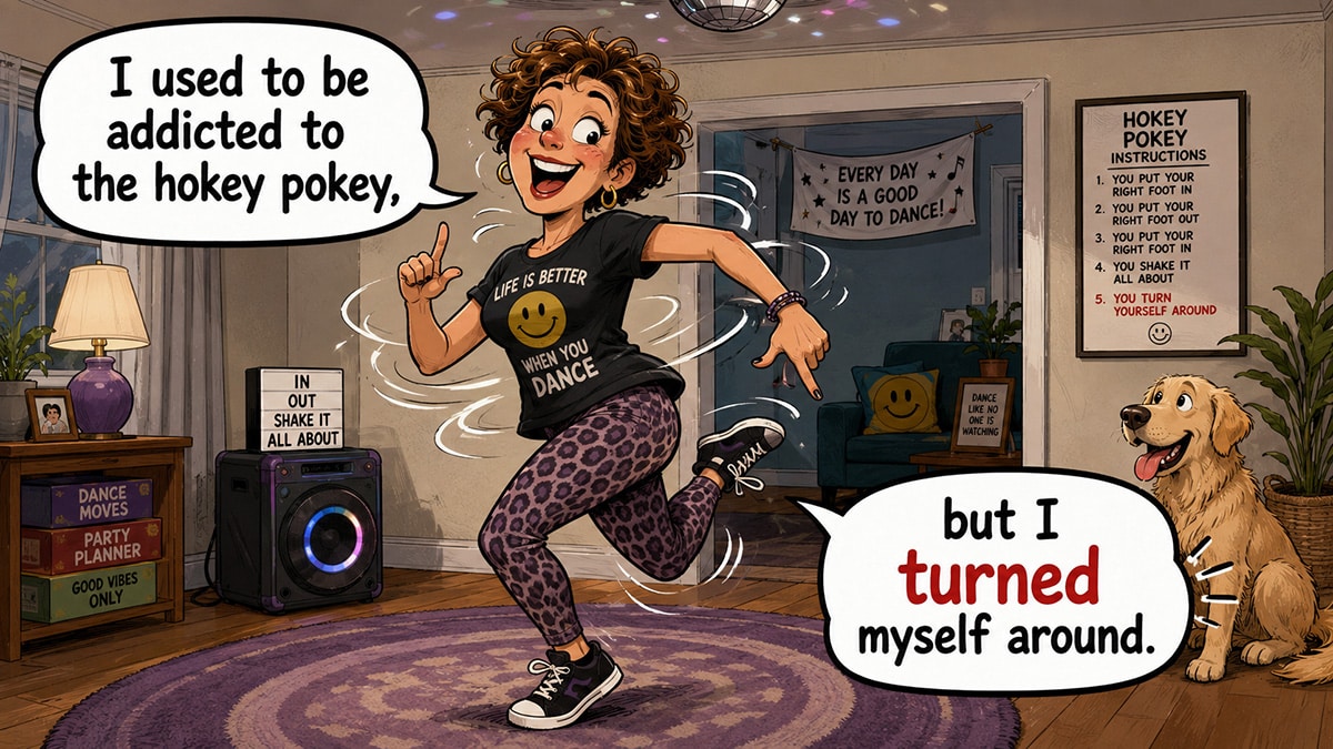 Woman dancing the hokey pokey while joking that she turned herself around