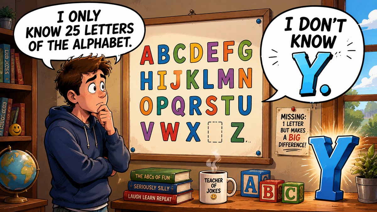Comic illustration of a puzzled student beside an alphabet board with the letter Y missing.