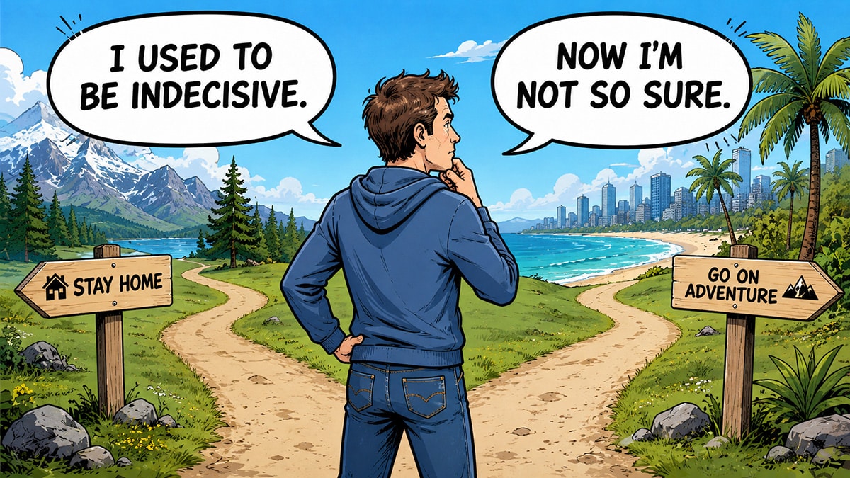 Comic illustration of an indecisive man standing between two paths beneath the joke, “I used to be indecisive. Now I’m not so sure.”