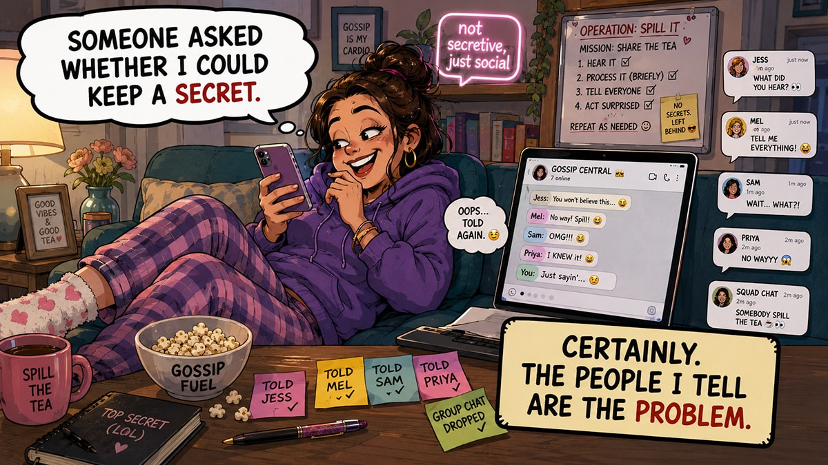 Woman sharing a secret across group chats while joking that the people she tells are the problem