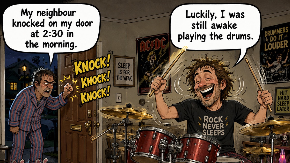 Late-Night Drumming Neighbour Joke Illustration