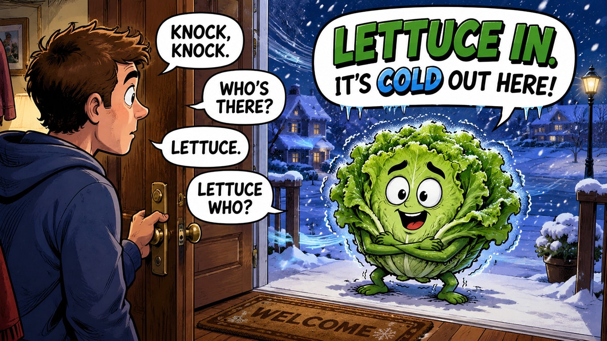 Comic illustration of a shivering lettuce standing outside a snowy doorway saying, “Lettuce in. It’s cold out here!”