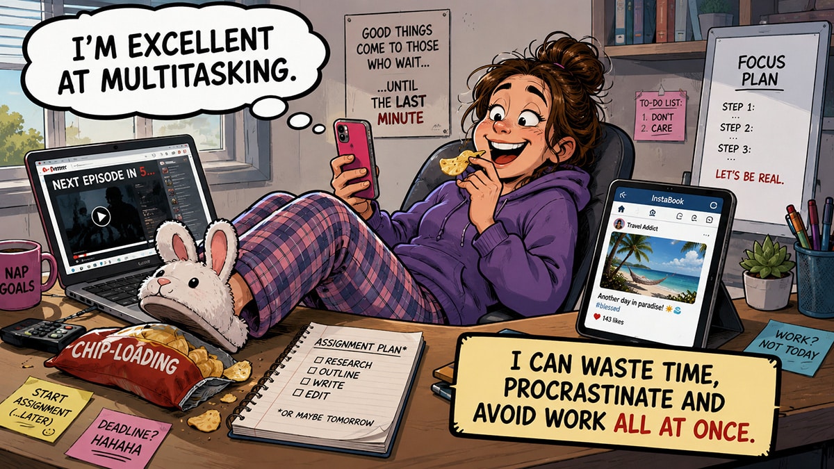 Woman relaxing at a cluttered desk while claiming she can waste time, procrastinate and avoid work all at once