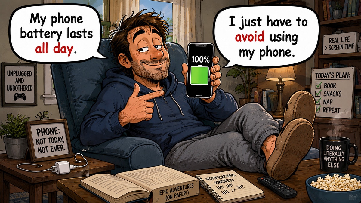Man proudly showing a phone with 100% battery after avoiding using it all day