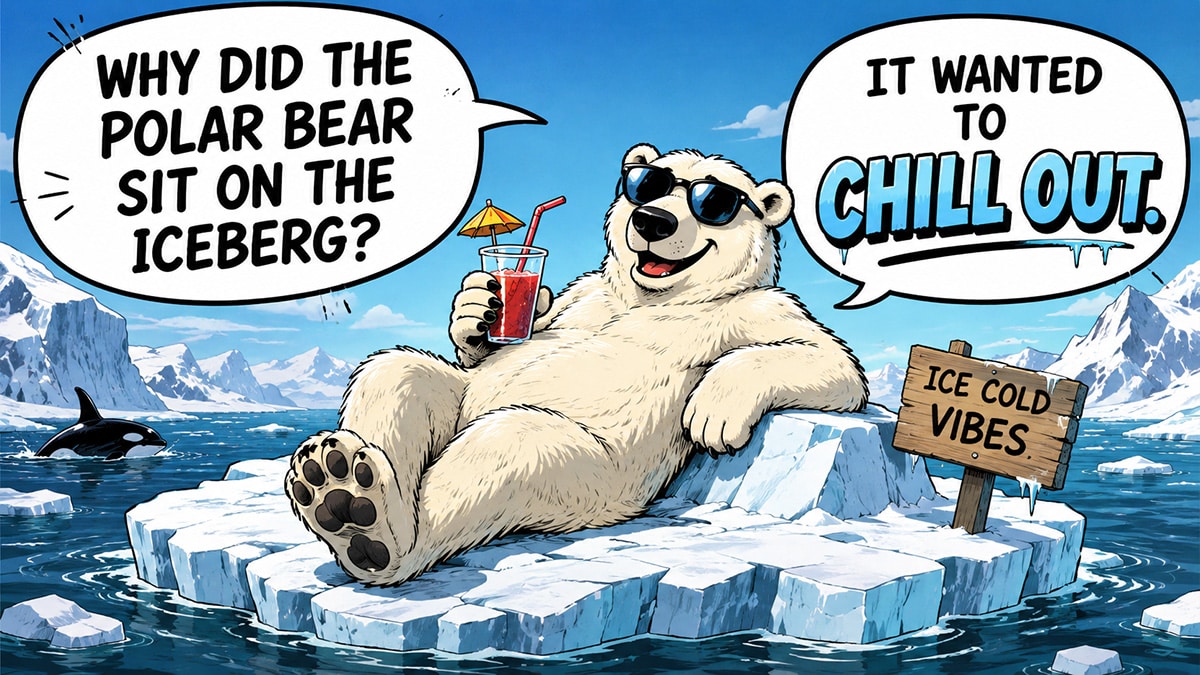 Polar bear wearing sunglasses relaxes on an iceberg with a drink, illustrating the joke about wanting to chill out