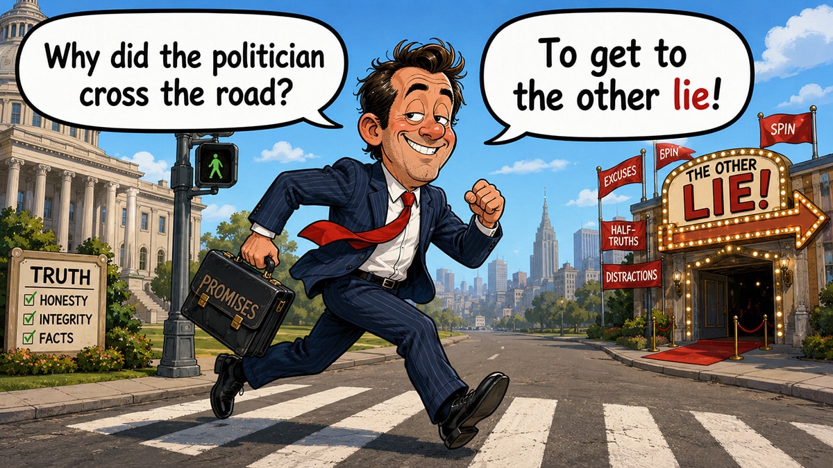 Politician crossing a road from truth towards “the other lie” in a comic joke illustration