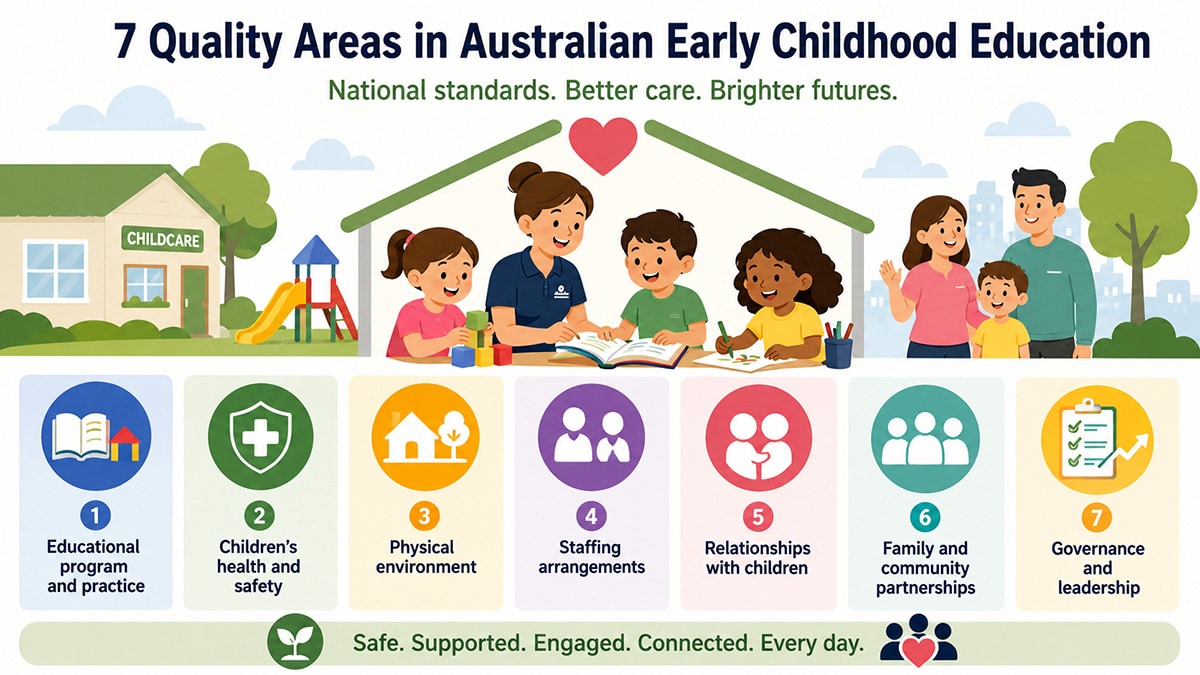 Vector illustration showing the seven quality areas in Australian early childhood education with children, educators, families, and childcare environments.