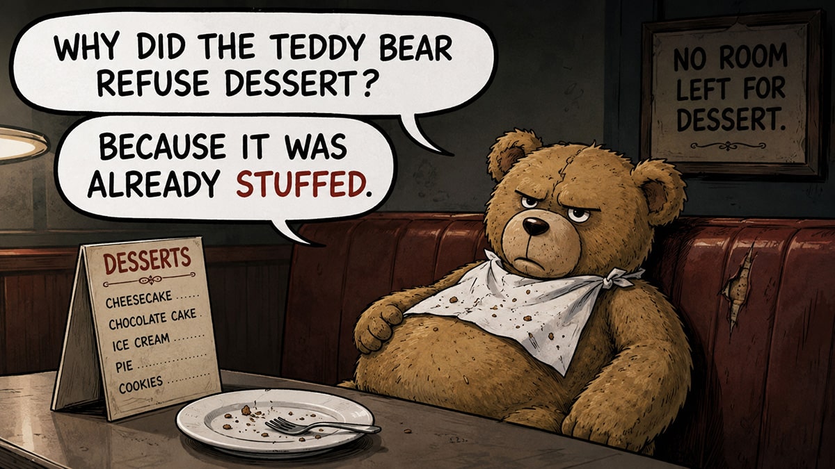Grumpy stuffed teddy bear refuses dessert in a diner after finishing a meal
