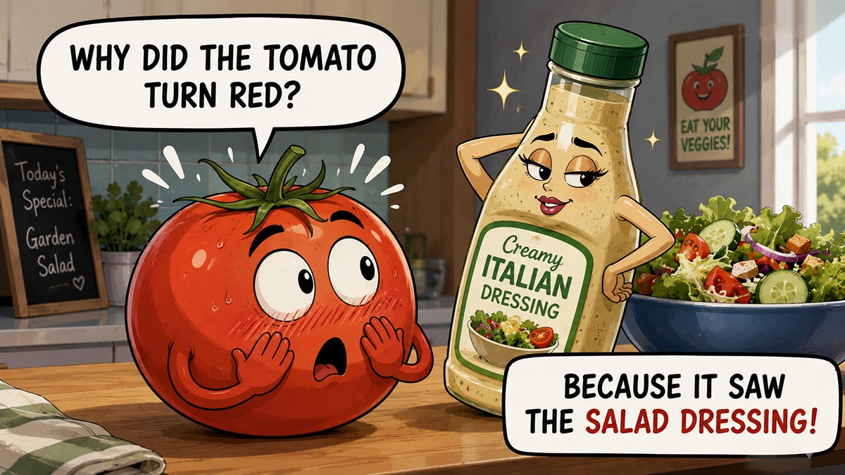 Blushing tomato beside a bottle of salad dressing in a comic joke illustration