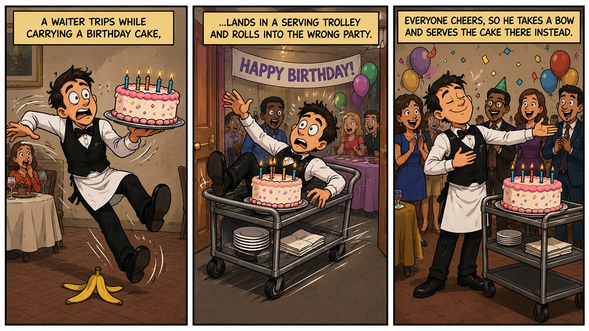 Three-panel comic showing a waiter tripping with a birthday cake, landing in a serving trolley and rolling into the wrong party before bowing to the cheering guests.