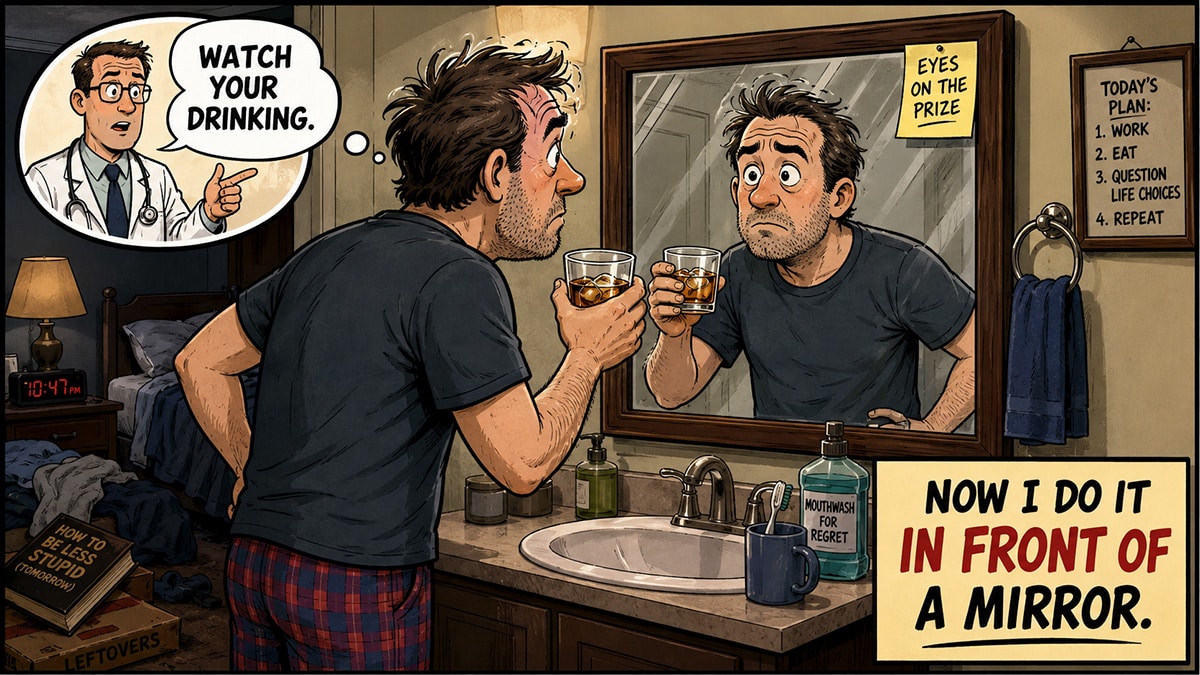 Man watches himself drink in a bathroom mirror after his doctor tells him to watch his drinking