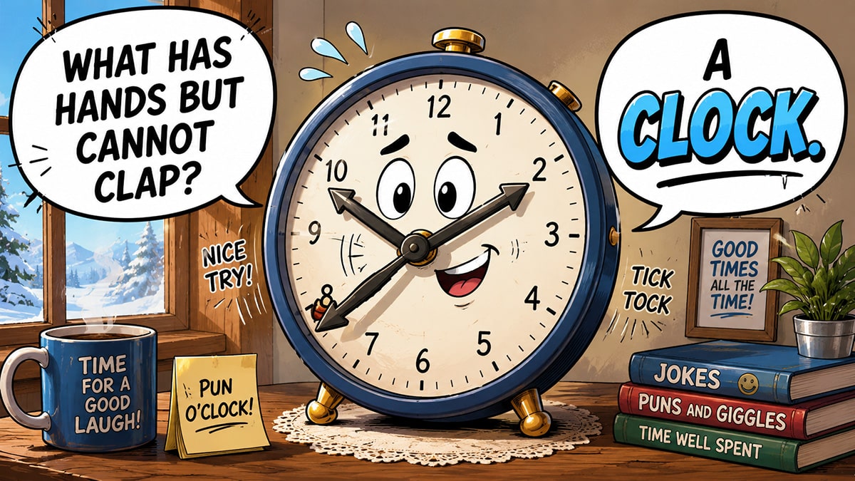 Comic illustration of a clock holding up its hands beneath the riddle, “What has hands but cannot clap?”