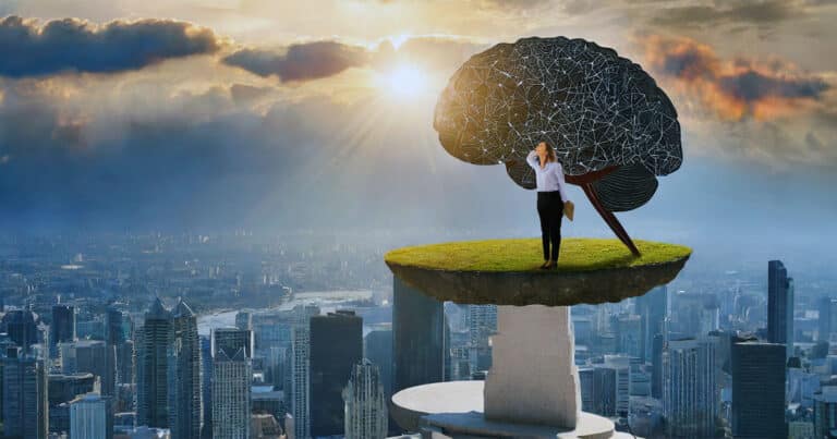 Female psychologist overlooking city