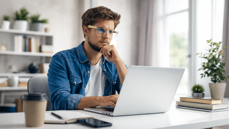 Man pondering with laptop