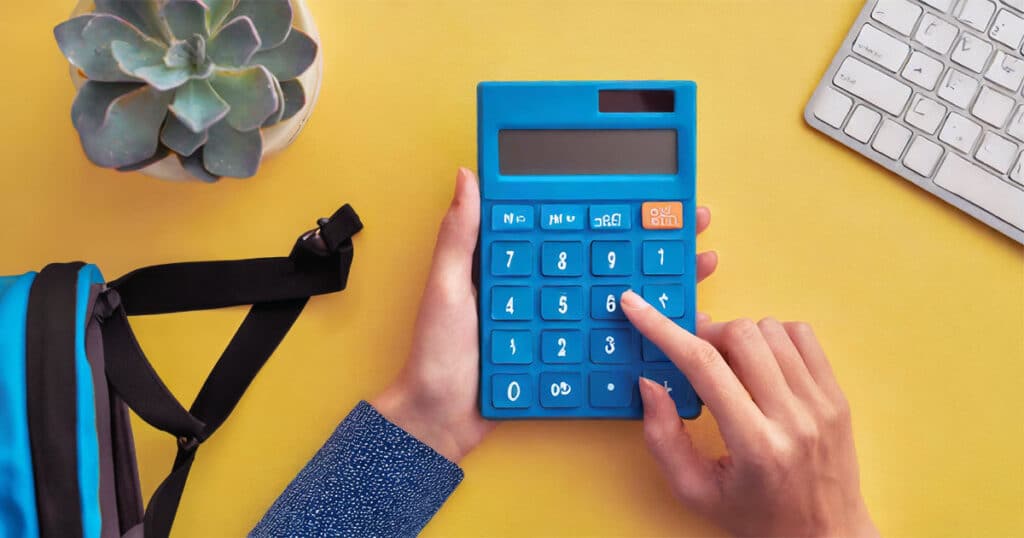 Woman using blue calculator